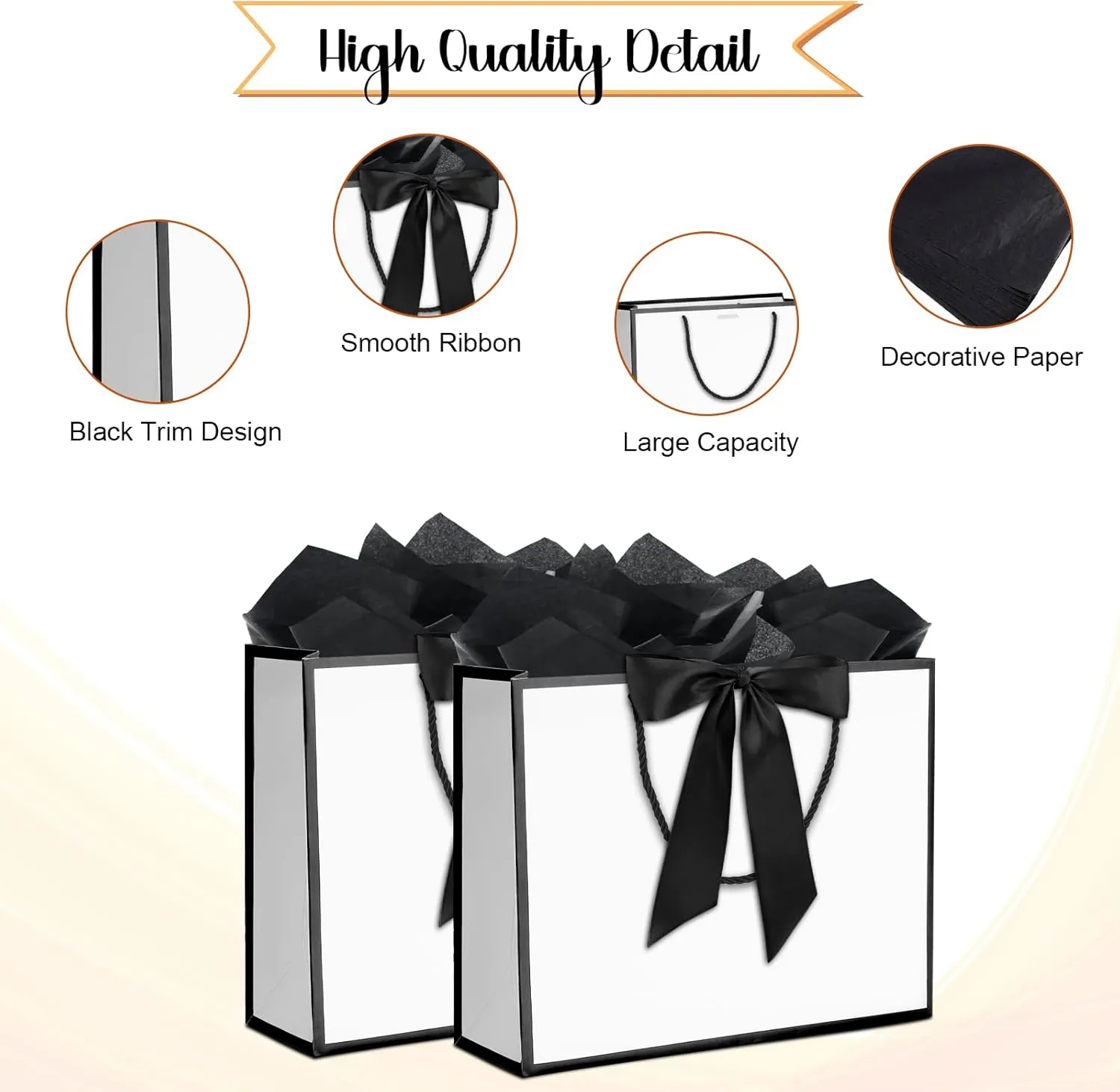 12 pcs White Gift Bags with Handles 12.5x4.5x10 Inches Large Paper Bags with Bow Ribbon and Tissue Paper Gift Wrap Bags for Birthday Bridesmaid Party Wedding Baby Shower Valentines, White-Black