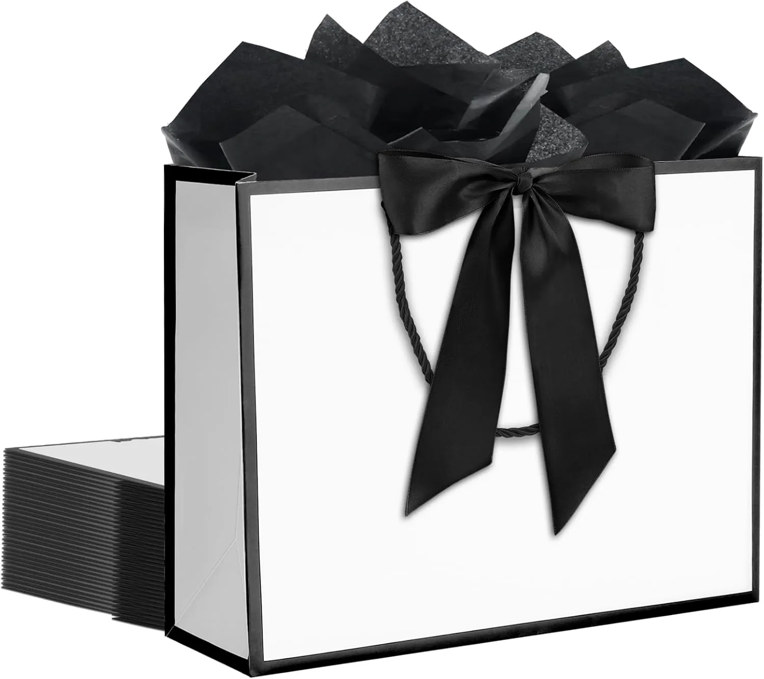 12 pcs White Gift Bags with Handles 12.5x4.5x10 Inches Large Paper Bags with Bow Ribbon and Tissue Paper Gift Wrap Bags for Birthday Bridesmaid Party Wedding Baby Shower Valentines, White-Black
