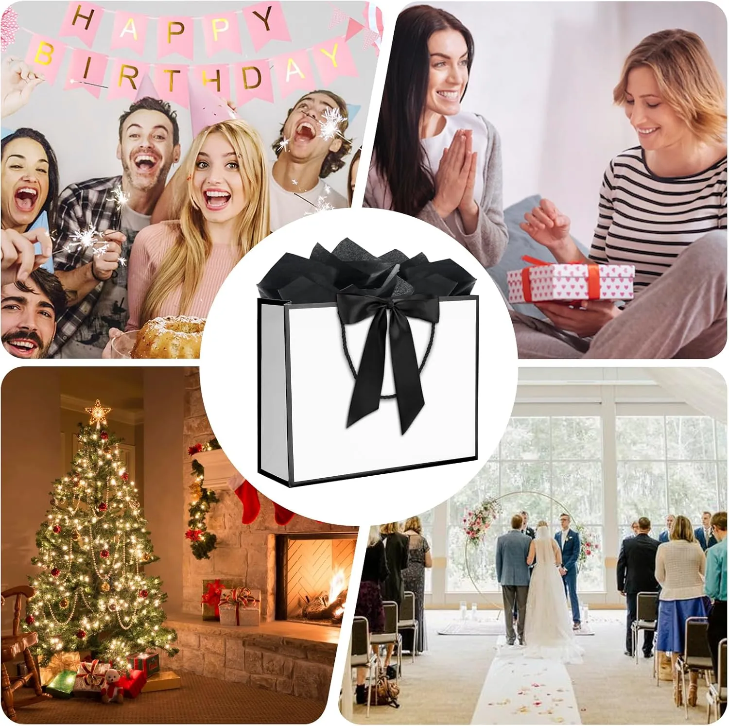 12 pcs White Gift Bags with Handles 12.5x4.5x10 Inches Large Paper Bags with Bow Ribbon and Tissue Paper Gift Wrap Bags for Birthday Bridesmaid Party Wedding Baby Shower Valentines, White-Black