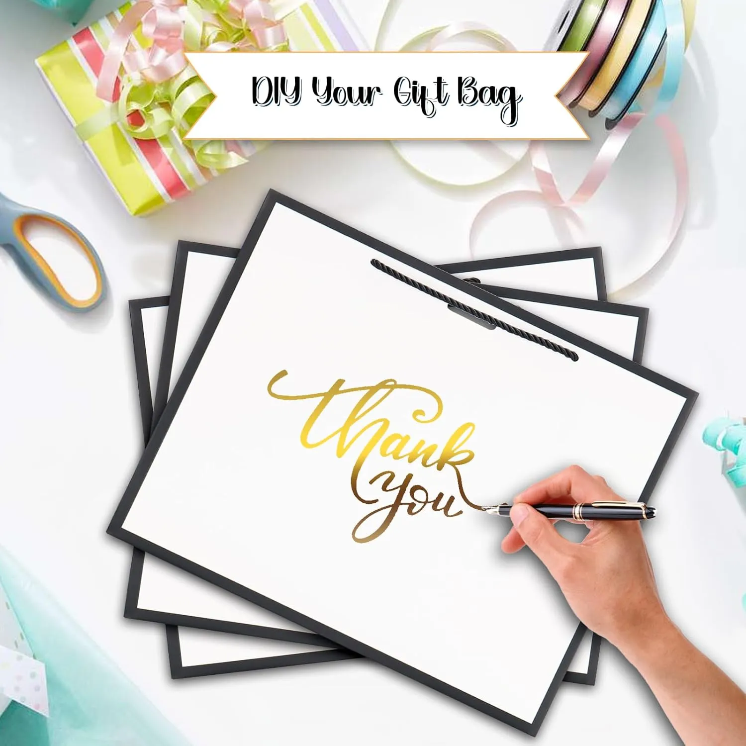 12 pcs White Gift Bags with Handles 12.5x4.5x10 Inches Large Paper Bags with Bow Ribbon and Tissue Paper Gift Wrap Bags for Birthday Bridesmaid Party Wedding Baby Shower Valentines, White-Black