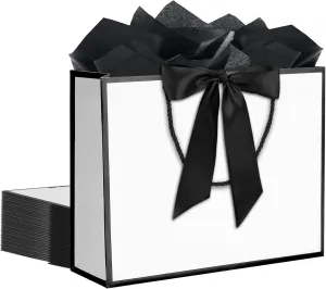 12 pcs White Gift Bags with Handles 12.5x4.5x10 Inches Large Paper Bags with Bow Ribbon and Tissue Paper Gift Wrap Bags for Birthday Bridesmaid Party Wedding Baby Shower Valentines, White-Black