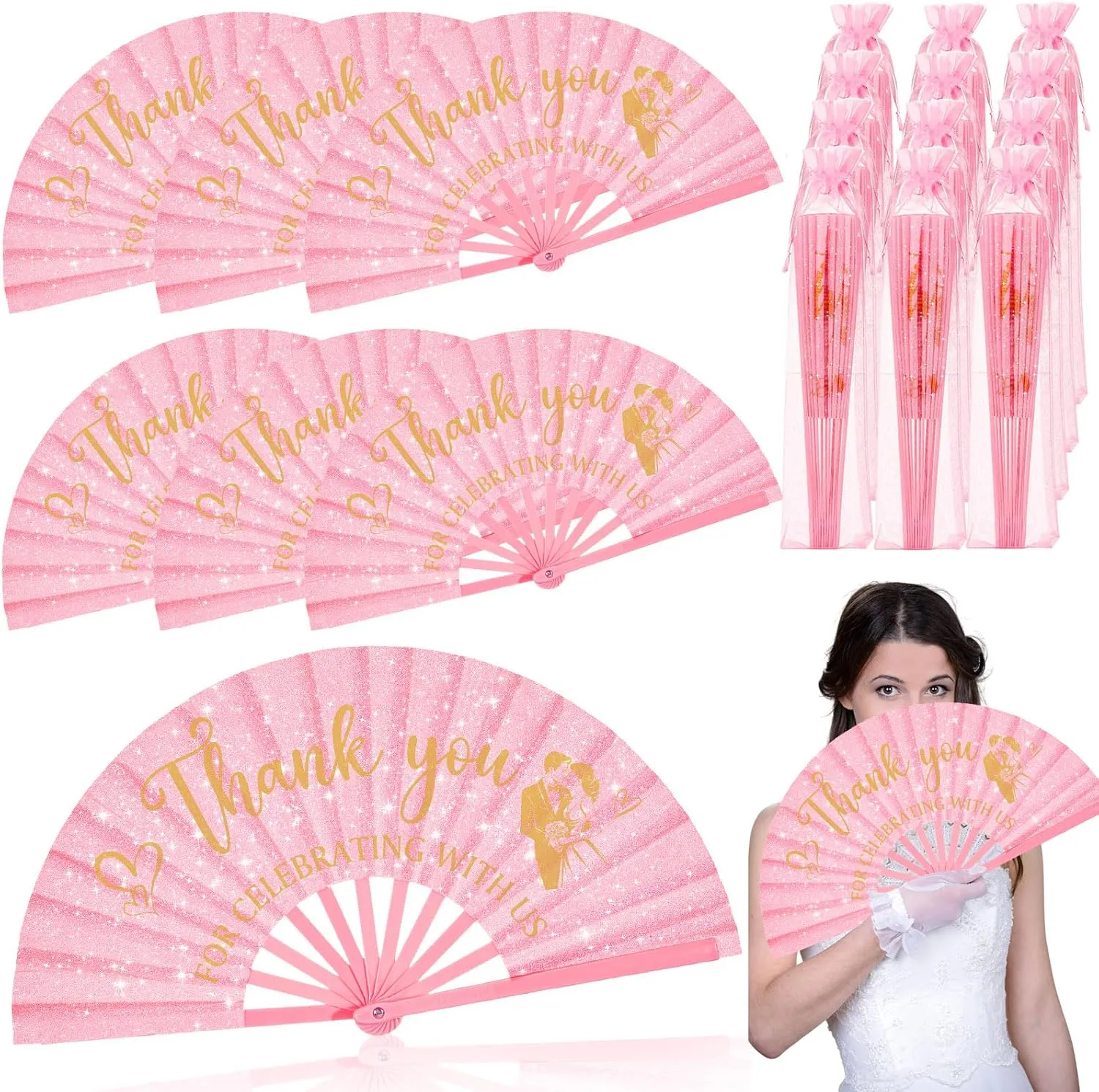 12 Sets Large Wedding Glitter Foldable Fans Bulk Wedding Festival Handheld Fans with Organza Bag Thanks for Celebrating with Us Favors for Guests Bridal Shower Wedding Dancing Party(Pink)