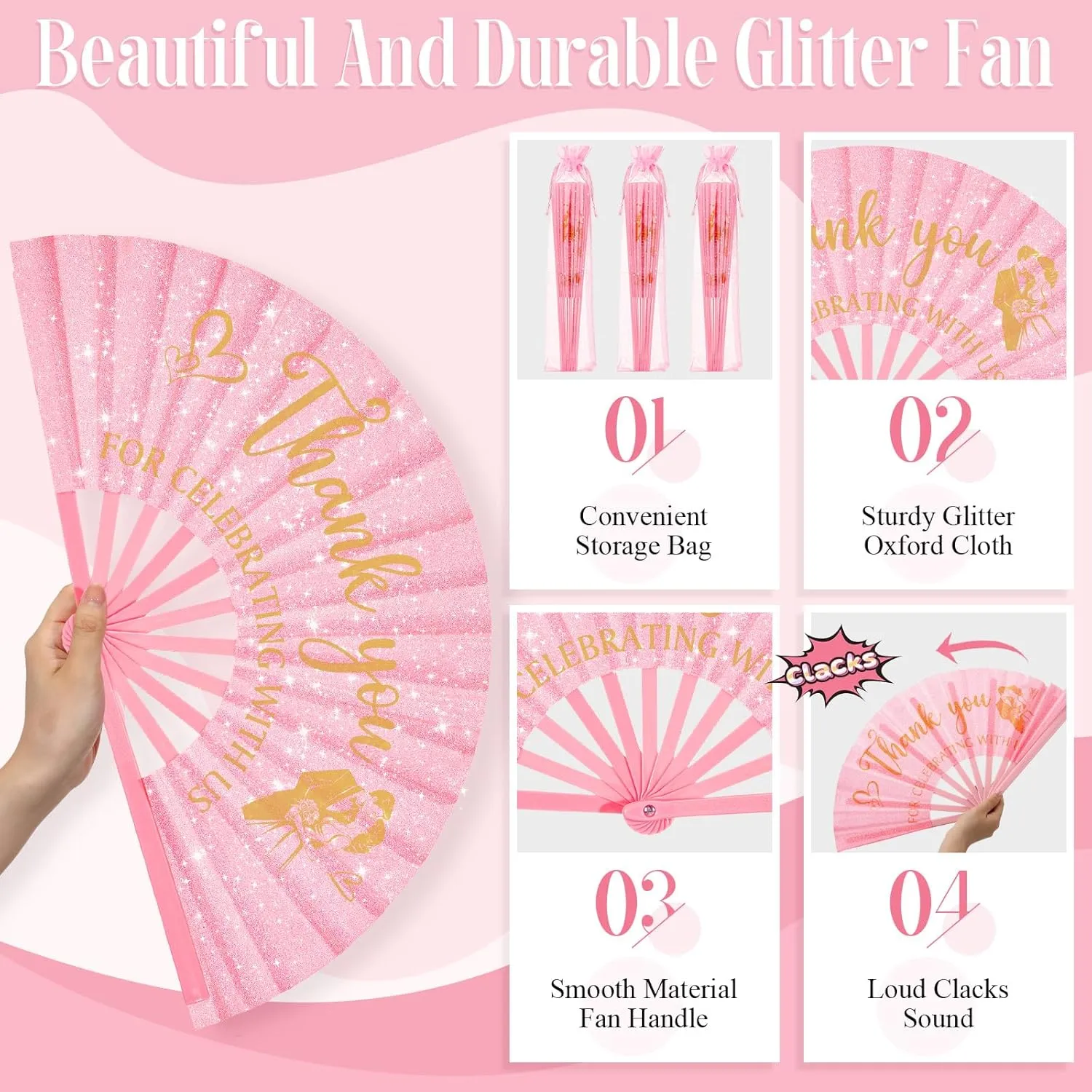12 Sets Large Wedding Glitter Foldable Fans Bulk Wedding Festival Handheld Fans with Organza Bag Thanks for Celebrating with Us Favors for Guests Bridal Shower Wedding Dancing Party(Pink)