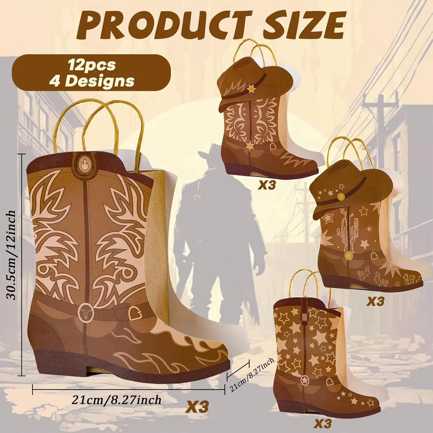 12Pcs Cowboy Boots Paper Bags Western Theme Party Decorations Favors Wild West Kraft Gift Bag with Handles Rodeo Cowgirl Boot Hat Goodie Bag for Cowboy Birthday Bachelorette Baby Shower Party Supplies