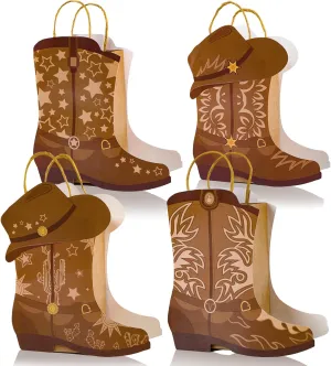 12Pcs Cowboy Boots Paper Bags Western Theme Party Decorations Favors Wild West Kraft Gift Bag with Handles Rodeo Cowgirl Boot Hat Goodie Bag for Cowboy Birthday Bachelorette Baby Shower Party Supplies