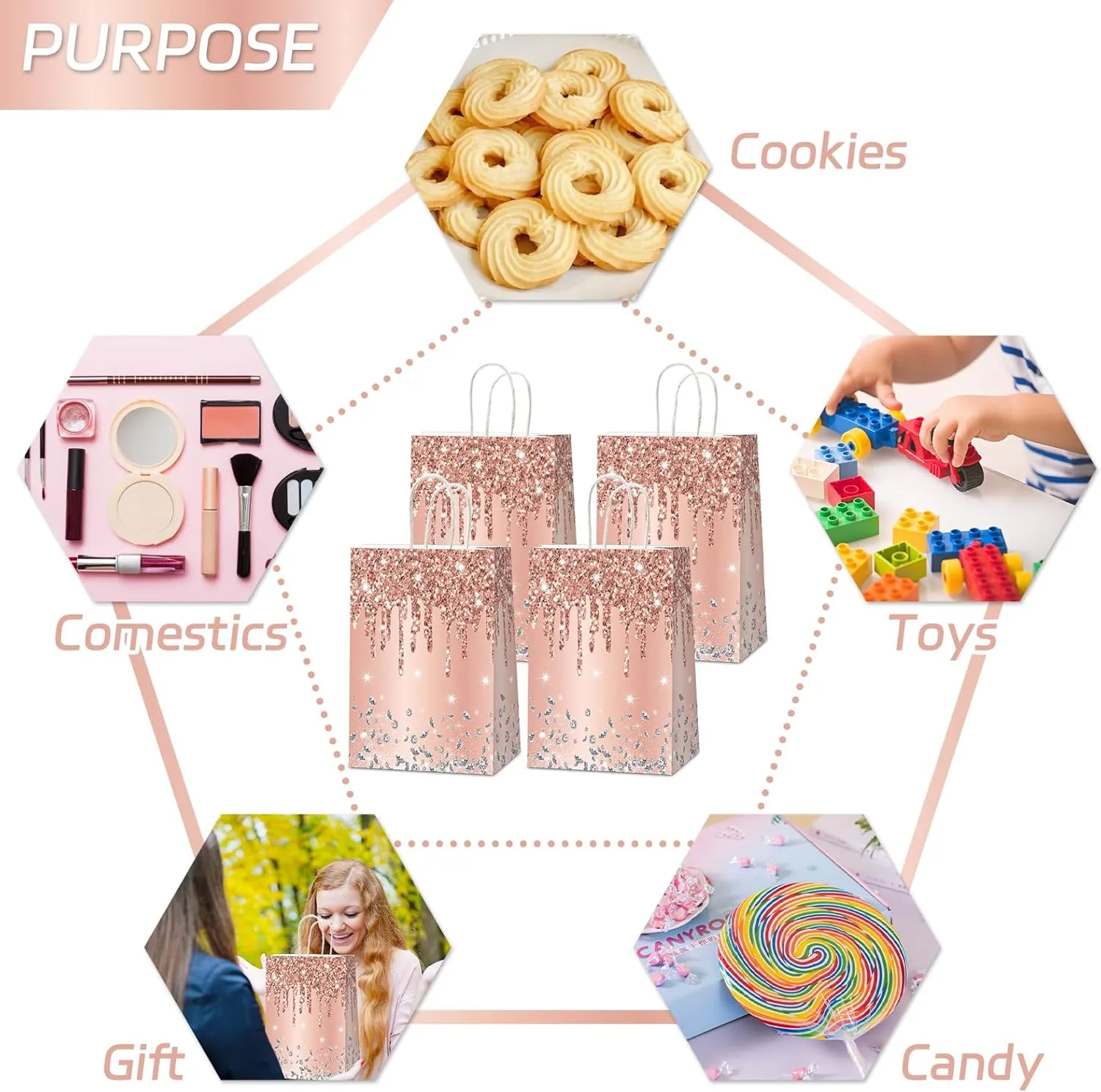 12Pcs Pink Rose Gold Gift Bags Glitter Diamond Goodie Bag Happy Birthday Treat Bag Rose Gold Candy Bags Supply for Wedding Bridal Baby Shower Holiday Party Favors Decoration 4.7*3.15*8inch