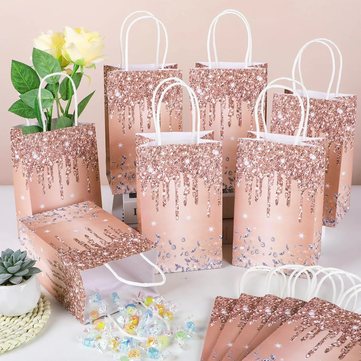 12Pcs Pink Rose Gold Gift Bags Glitter Diamond Goodie Bag Happy Birthday Treat Bag Rose Gold Candy Bags Supply for Wedding Bridal Baby Shower Holiday Party Favors Decoration 4.7*3.15*8inch
