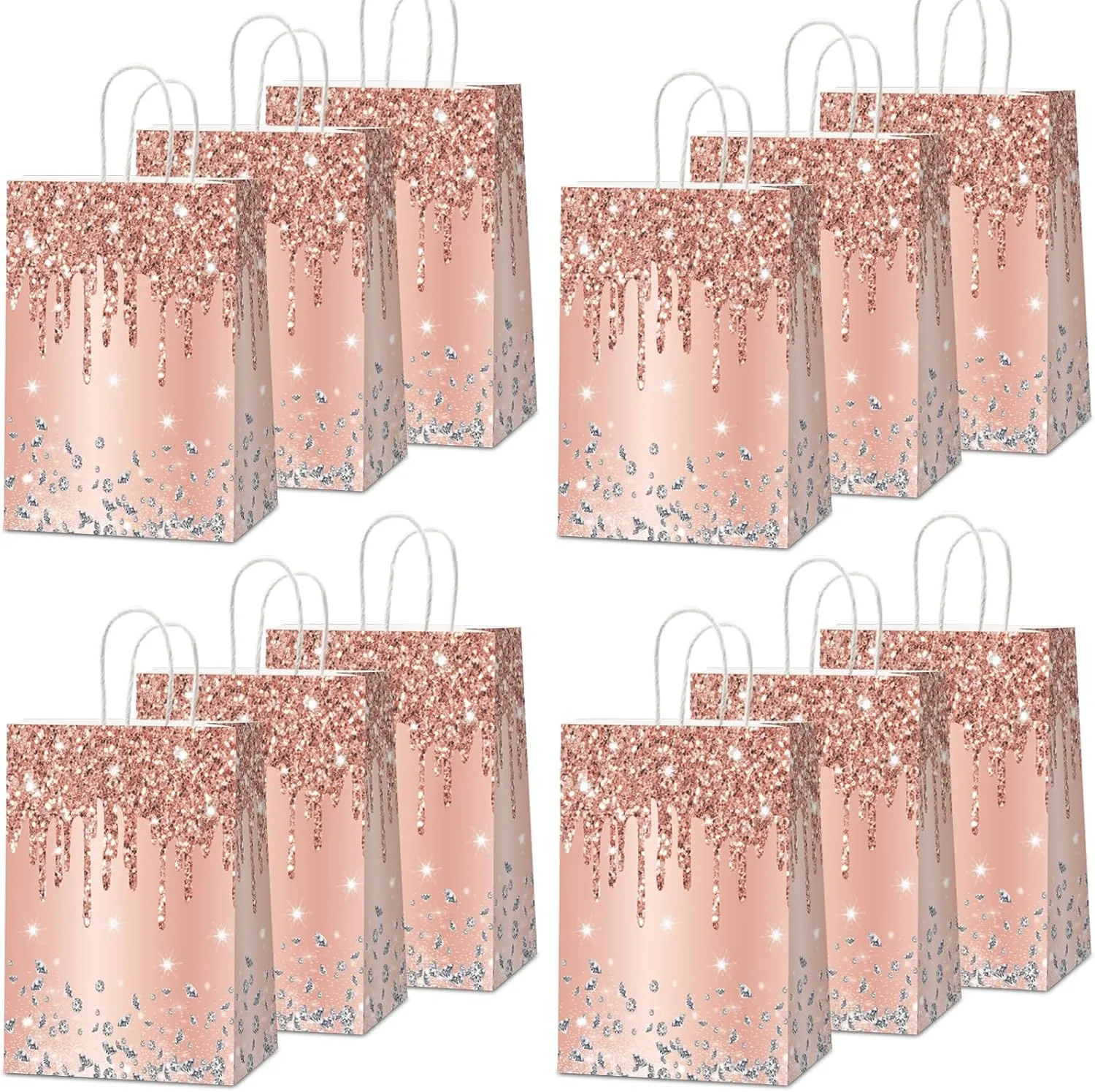 12Pcs Pink Rose Gold Gift Bags Glitter Diamond Goodie Bag Happy Birthday Treat Bag Rose Gold Candy Bags Supply for Wedding Bridal Baby Shower Holiday Party Favors Decoration 4.7*3.15*8inch