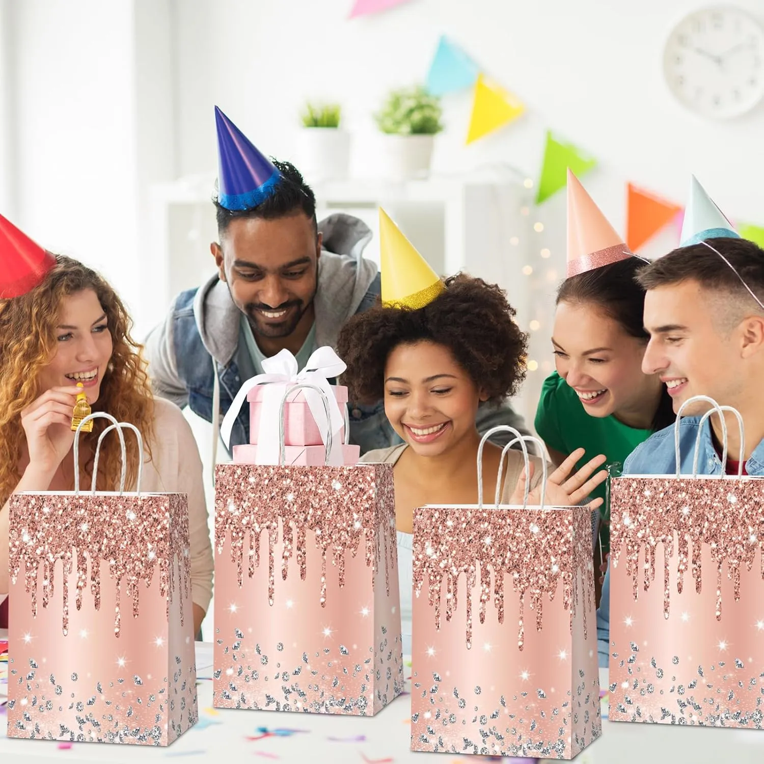 12Pcs Pink Rose Gold Gift Bags Glitter Diamond Goodie Bag Happy Birthday Treat Bag Rose Gold Candy Bags Supply for Wedding Bridal Baby Shower Holiday Party Favors Decoration 4.7*3.15*8inch