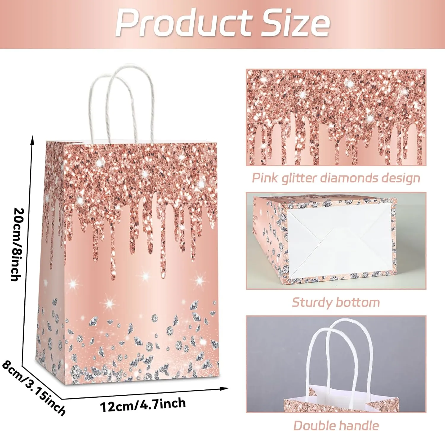12Pcs Pink Rose Gold Gift Bags Glitter Diamond Goodie Bag Happy Birthday Treat Bag Rose Gold Candy Bags Supply for Wedding Bridal Baby Shower Holiday Party Favors Decoration 4.7*3.15*8inch