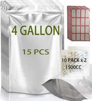 15Pk 4 Gallon Mylar Bags for Food Storage and 20 x 1500cc Oxygen Absorbers, 10 Mil Packaging Bags for Food Storage, Zipper Resealable Pouches Heat Sealable Stand Up Bags