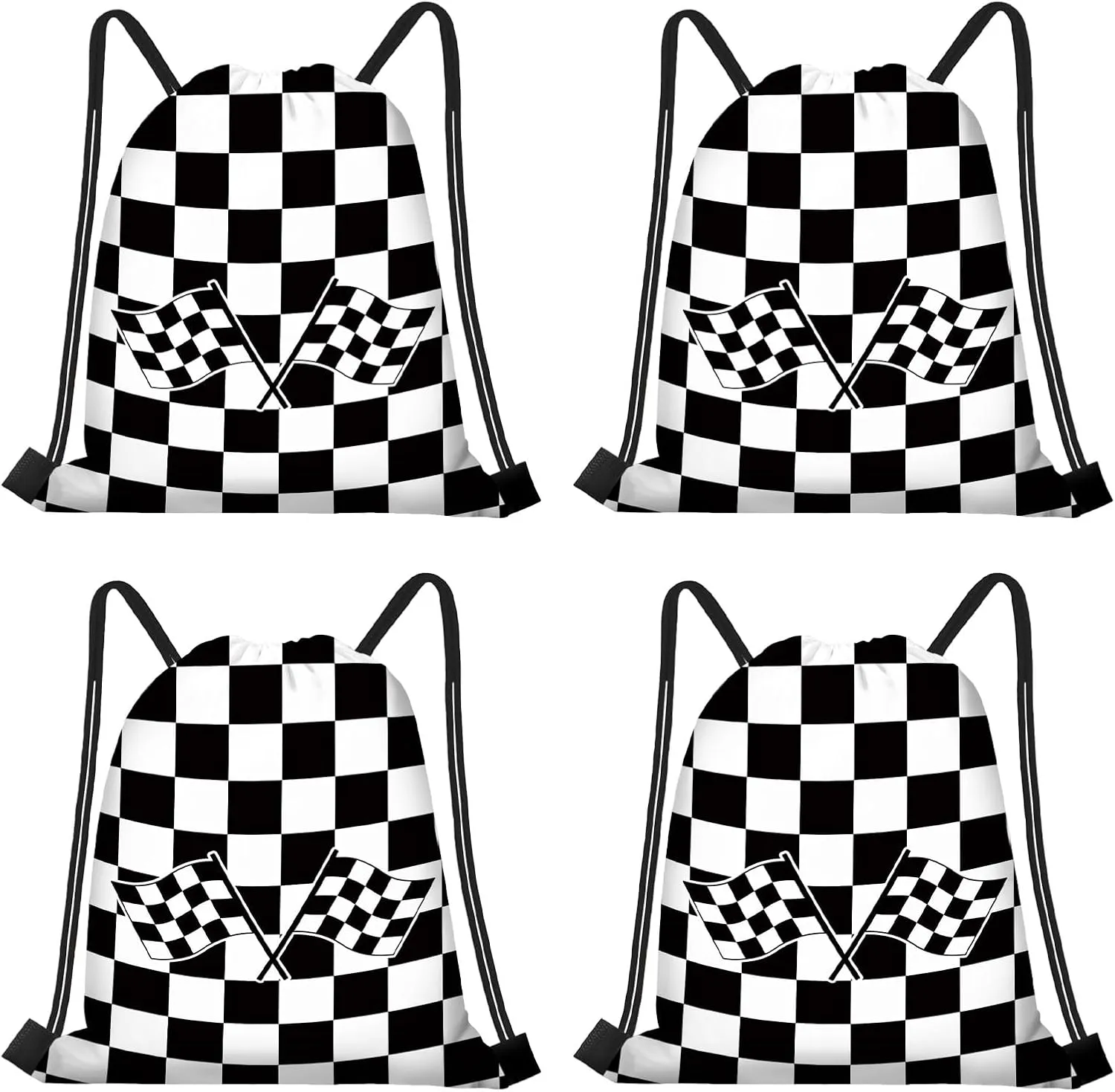 16 PCS Checkered Racing Gift Bags Race Car Party Favors Bag Black and White Drawstring String Bag Backpack Gift Candy Treat Goody Bags for Race Car Themed Birthday Party Supplies