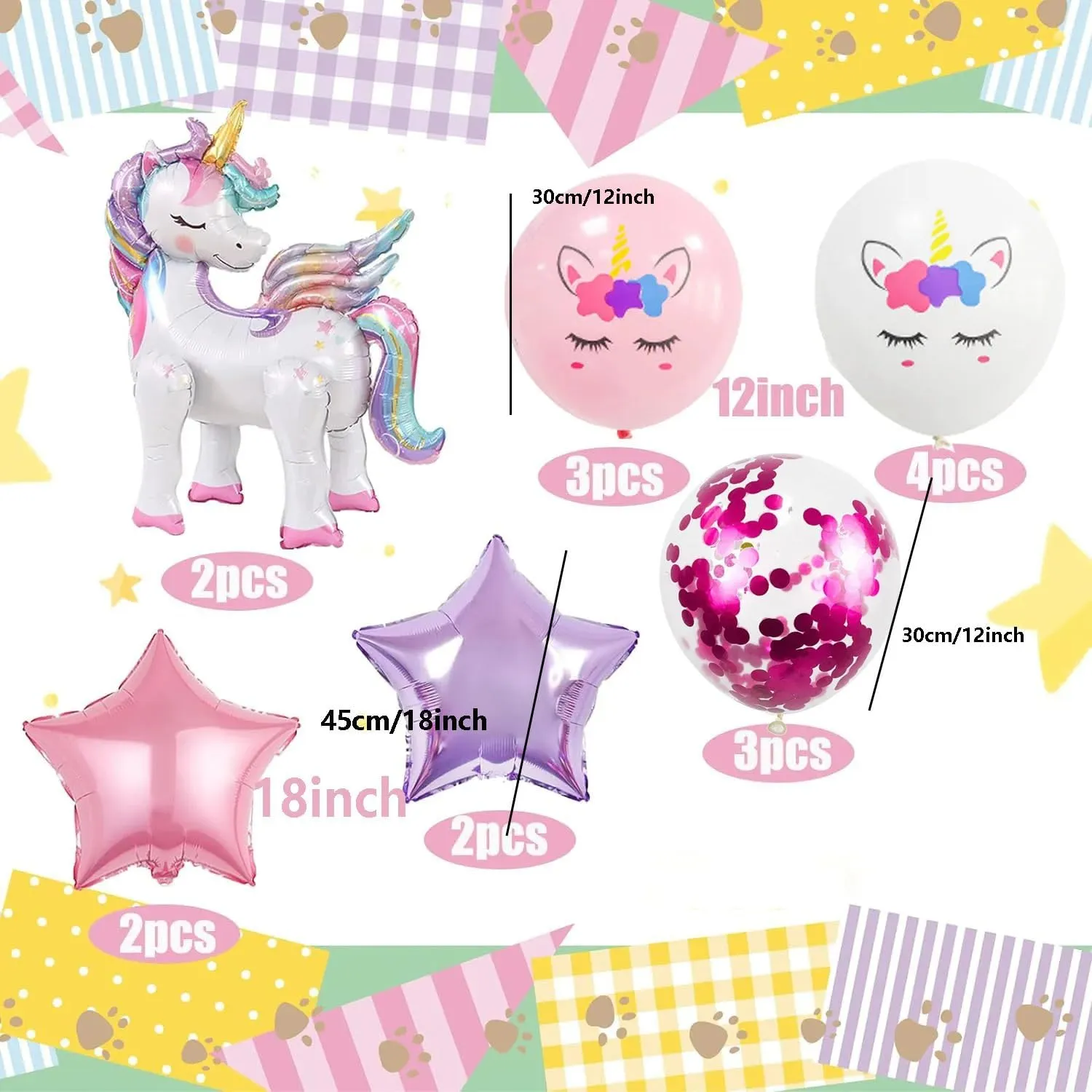 16 Pcs Unicorn Balloons Kit for Birthday Party Decorations - 2 Self Standing 3D Foil Unicorns, 4 Star Balloons & 10 Printed Latex Balloons with Tying Tool (No Helium Needed)