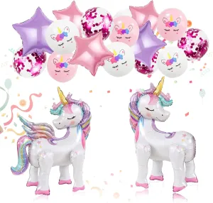 16 Pcs Unicorn Balloons Kit for Birthday Party Decorations - 2 Self Standing 3D Foil Unicorns, 4 Star Balloons & 10 Printed Latex Balloons with Tying Tool (No Helium Needed)