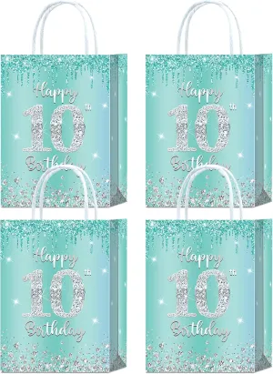 16 Pieces Teal Silver 10th Birthday Party Favors Bags,Teal Blue Silver 10th Birthday Gift Snacks Treat Candy Party Favors Bags with Handles for Girls 10th Birthday Party Decorations