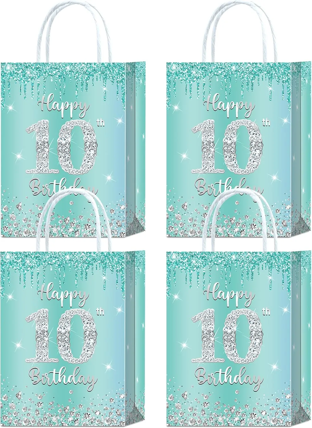 16 Pieces Teal Silver 10th Birthday Party Favors Bags,Teal Blue Silver 10th Birthday Gift Snacks Treat Candy Party Favors Bags with Handles for Girls 10th Birthday Party Decorations