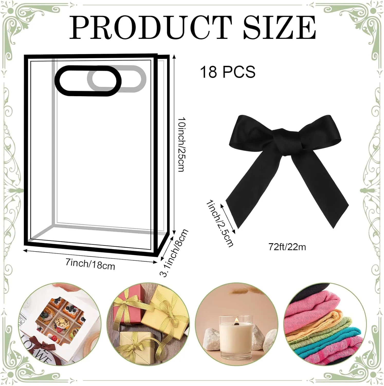 18 Pcs Clear Plastic Gift Bag with Die Cut Handles Reusable PP Favor Bag Transparent PVC Gift Bag Party Favor Bags with Ribbon for Wedding Bridal Party Baby Shower Birthday Shopping (Black)