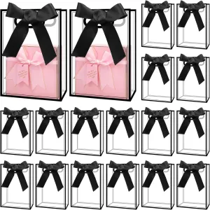 18 Pcs Clear Plastic Gift Bag with Die Cut Handles Reusable PP Favor Bag Transparent PVC Gift Bag Party Favor Bags with Ribbon for Wedding Bridal Party Baby Shower Birthday Shopping (Black)