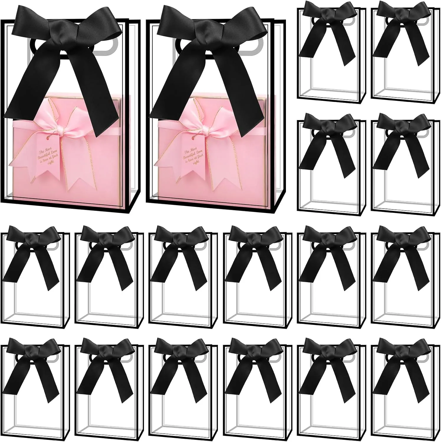 18 Pcs Clear Plastic Gift Bag with Die Cut Handles Reusable PP Favor Bag Transparent PVC Gift Bag Party Favor Bags with Ribbon for Wedding Bridal Party Baby Shower Birthday Shopping (Black)