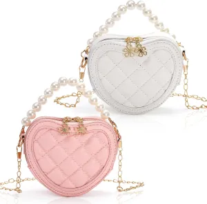 2 Pack Little Girl Purses, Heart Shaped Children Crossbody Bag with Pearl Handle, Cute Toddler Purse with Chain Strap, Mini Princess Handbag Wallet Gift for Kids