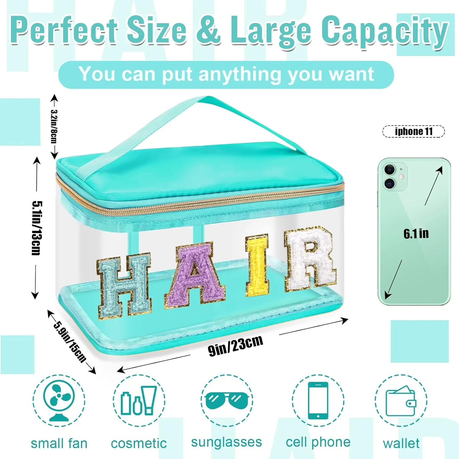 2 Pcs Chenille Letter Clear Makeup Bags FaceHair Pouch, Preppy Patch Travel Face Bag Zipper with Handle, Travel Hair Bags for Hair Stuff Waterproof Cosmetic Toiletry Storage for Women Girl(HAIR FACE)