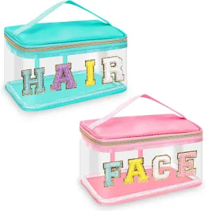 2 Pcs Chenille Letter Clear Makeup Bags FaceHair Pouch, Preppy Patch Travel Face Bag Zipper with Handle, Travel Hair Bags for Hair Stuff Waterproof Cosmetic Toiletry Storage for Women Girl(HAIR FACE)