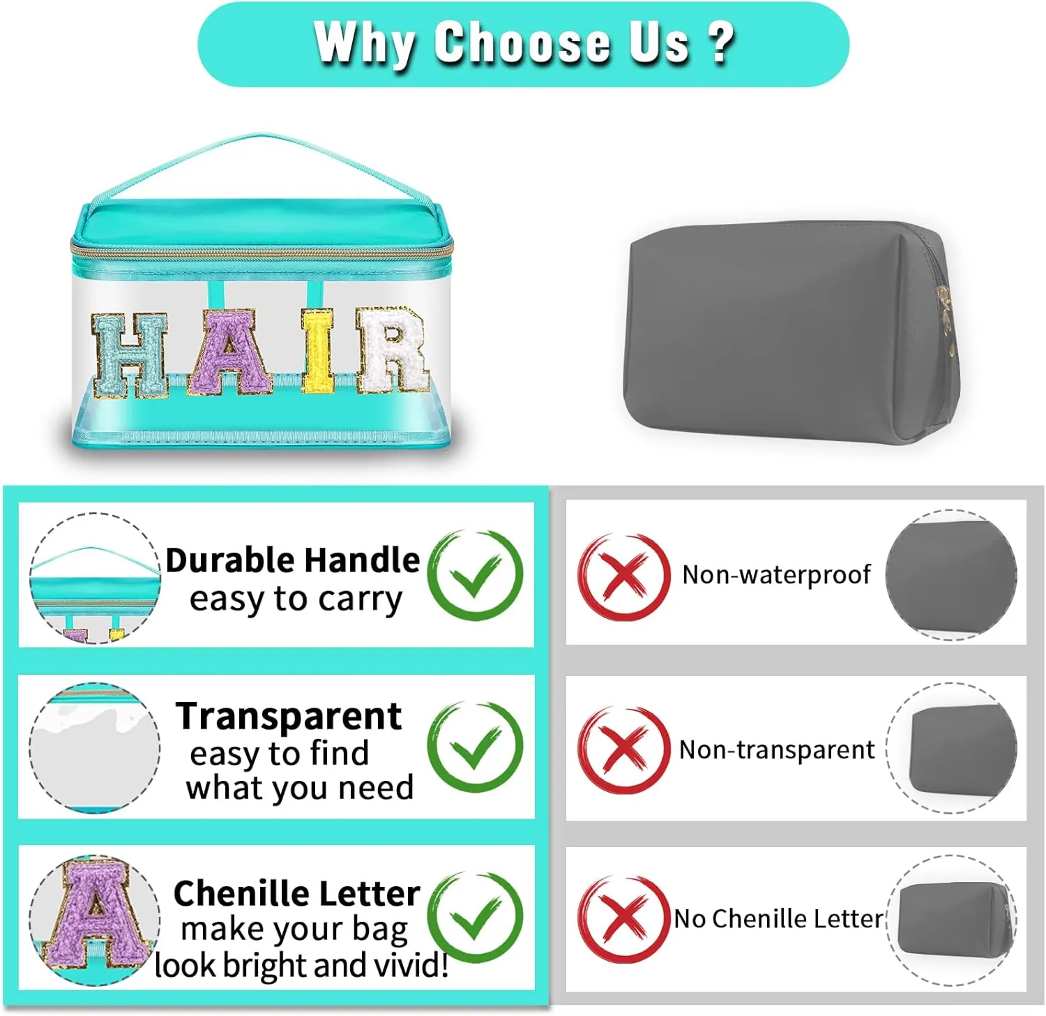 2 Pcs Chenille Letter Clear Makeup Bags FaceHair Pouch, Preppy Patch Travel Face Bag Zipper with Handle, Travel Hair Bags for Hair Stuff Waterproof Cosmetic Toiletry Storage for Women Girl(HAIR FACE)