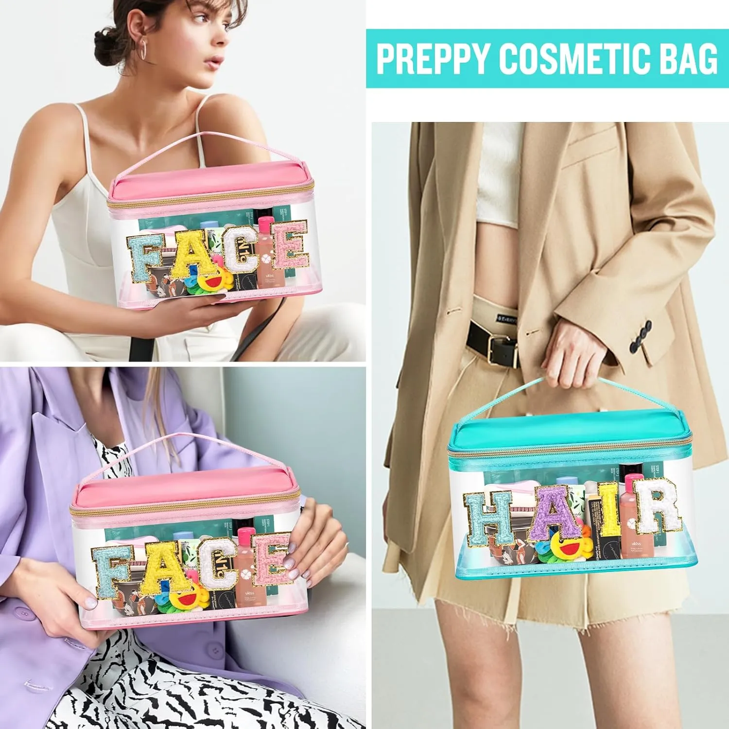 2 Pcs Chenille Letter Clear Makeup Bags FaceHair Pouch, Preppy Patch Travel Face Bag Zipper with Handle, Travel Hair Bags for Hair Stuff Waterproof Cosmetic Toiletry Storage for Women Girl(HAIR FACE)
