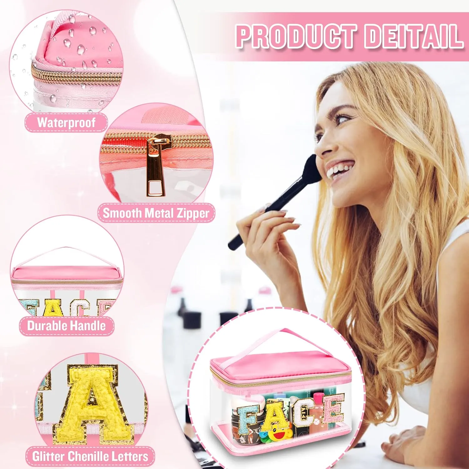 2 Pcs Chenille Letter Clear Makeup Bags FaceHair Pouch, Preppy Patch Travel Face Bag Zipper with Handle, Travel Hair Bags for Hair Stuff Waterproof Cosmetic Toiletry Storage for Women Girl(HAIR FACE)