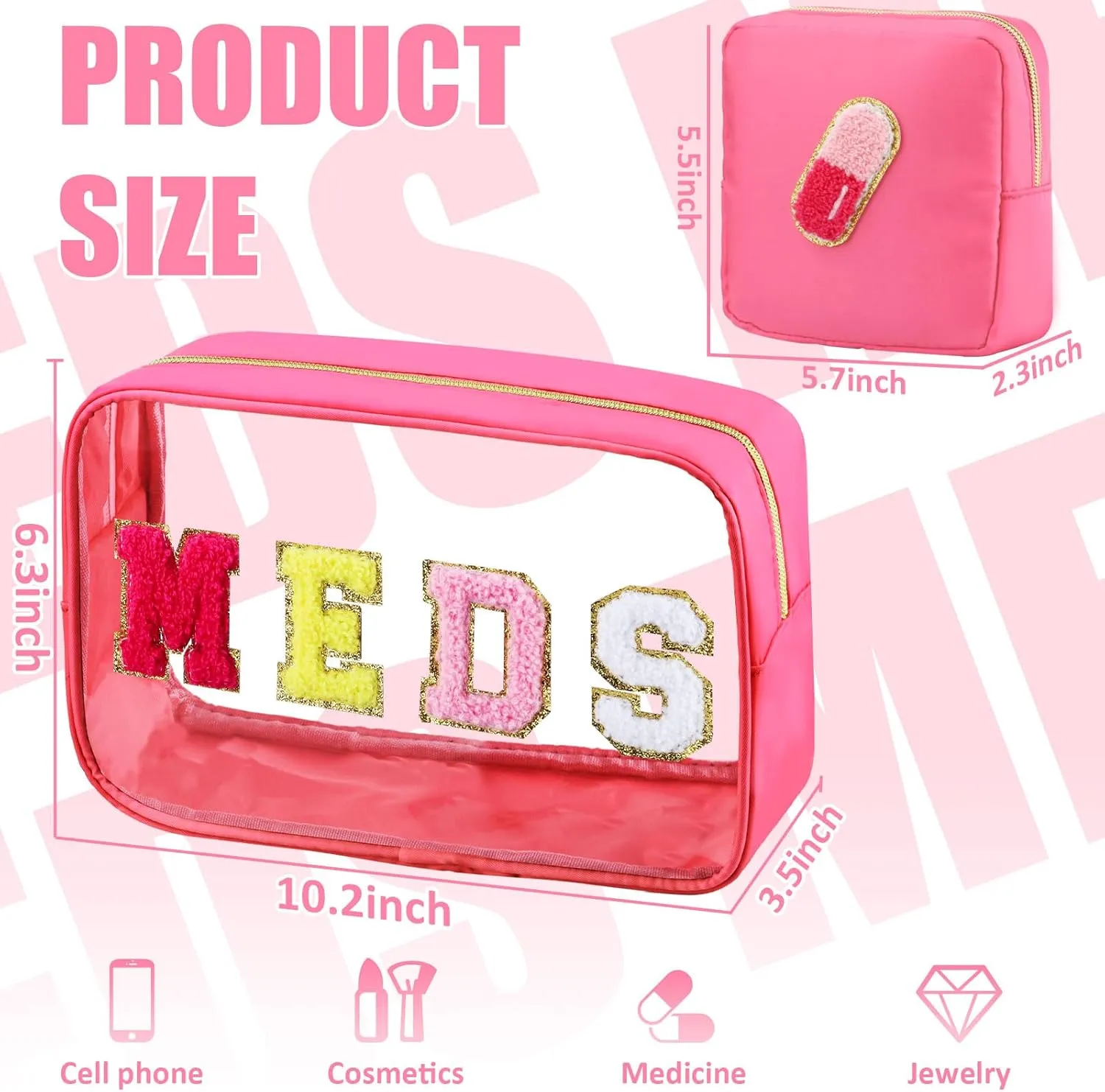 2 Pcs Medicine Chenille Letter Preppy Clear Makeup Meds Bag for Travel - Nylon & PVC Transparent Cosmetic Toiletry Storage for Women Girls - Rose Red