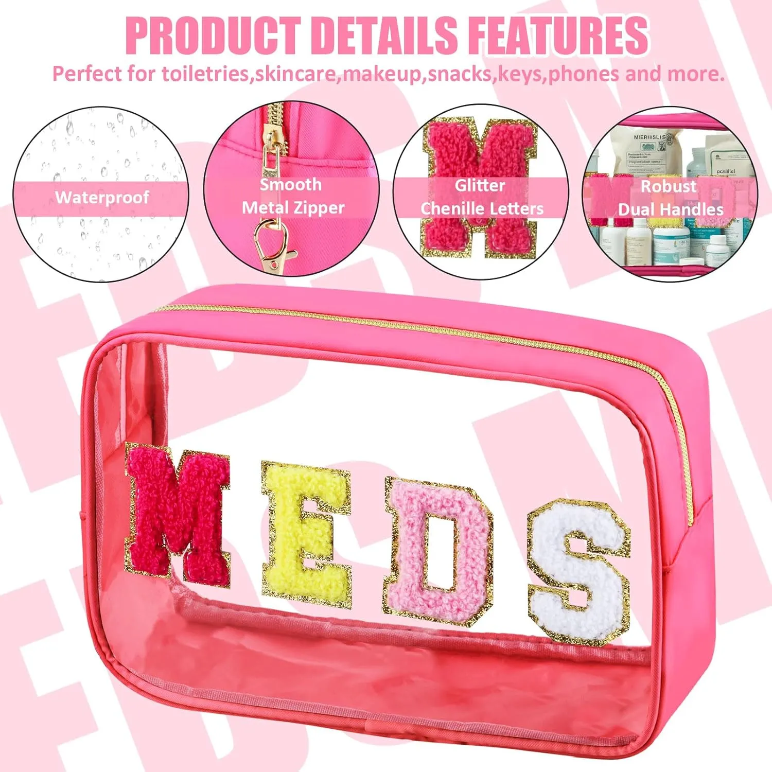 2 Pcs Medicine Chenille Letter Preppy Clear Makeup Meds Bag for Travel - Nylon & PVC Transparent Cosmetic Toiletry Storage for Women Girls - Rose Red