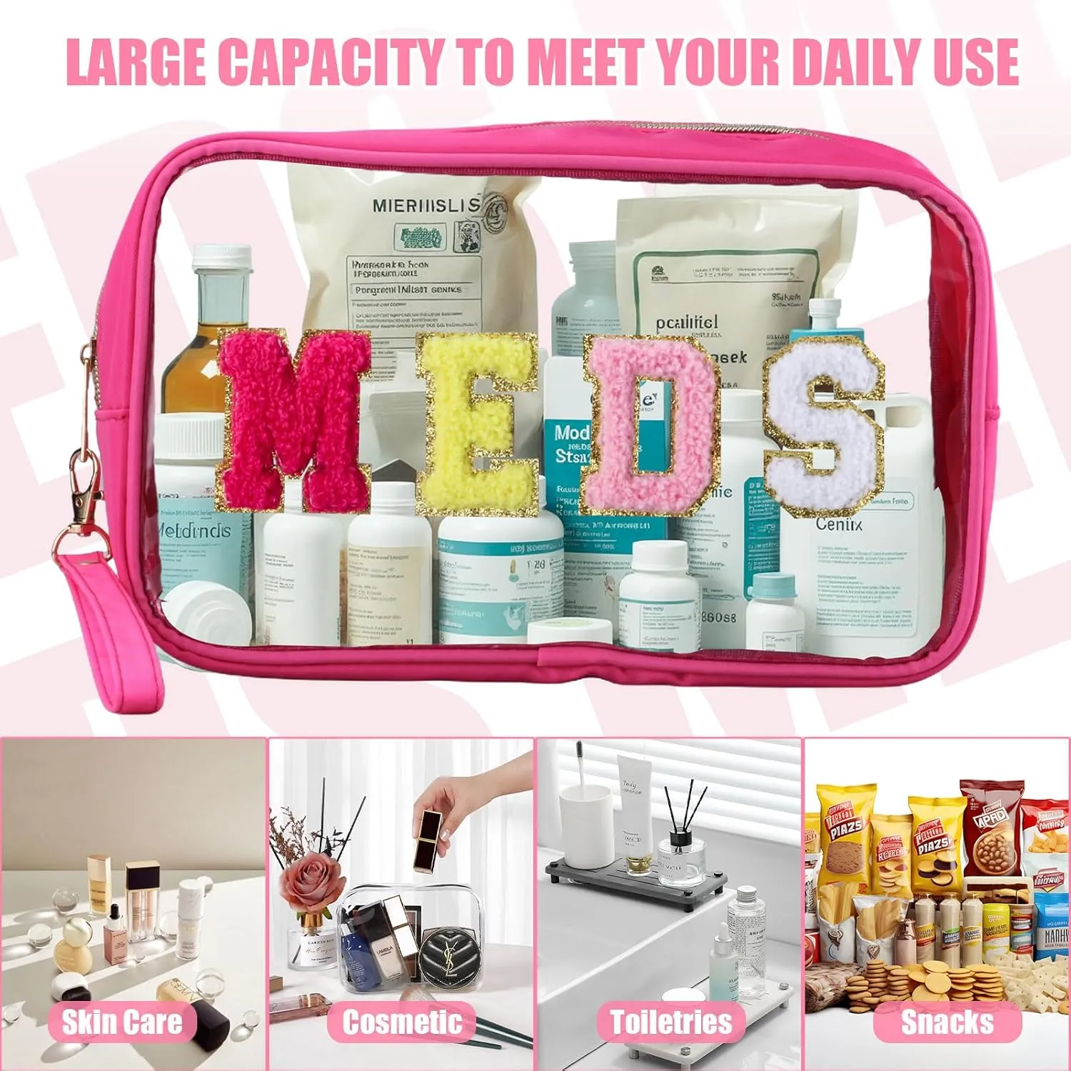 2 Pcs Medicine Chenille Letter Preppy Clear Makeup Meds Bag for Travel - Nylon & PVC Transparent Cosmetic Toiletry Storage for Women Girls - Rose Red