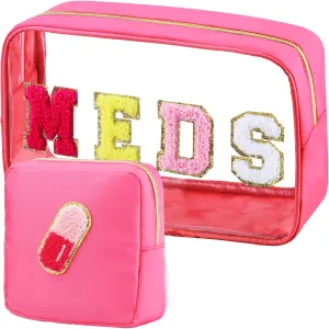2 Pcs Medicine Chenille Letter Preppy Clear Makeup Meds Bag for Travel - Nylon & PVC Transparent Cosmetic Toiletry Storage for Women Girls - Rose Red