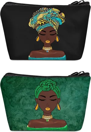 2 Pcs Travel Makeup Bag African American Print Small Cosmetic Bags for Black Natural Afro Women Portable Storage Organizer for Purse Everyday Use