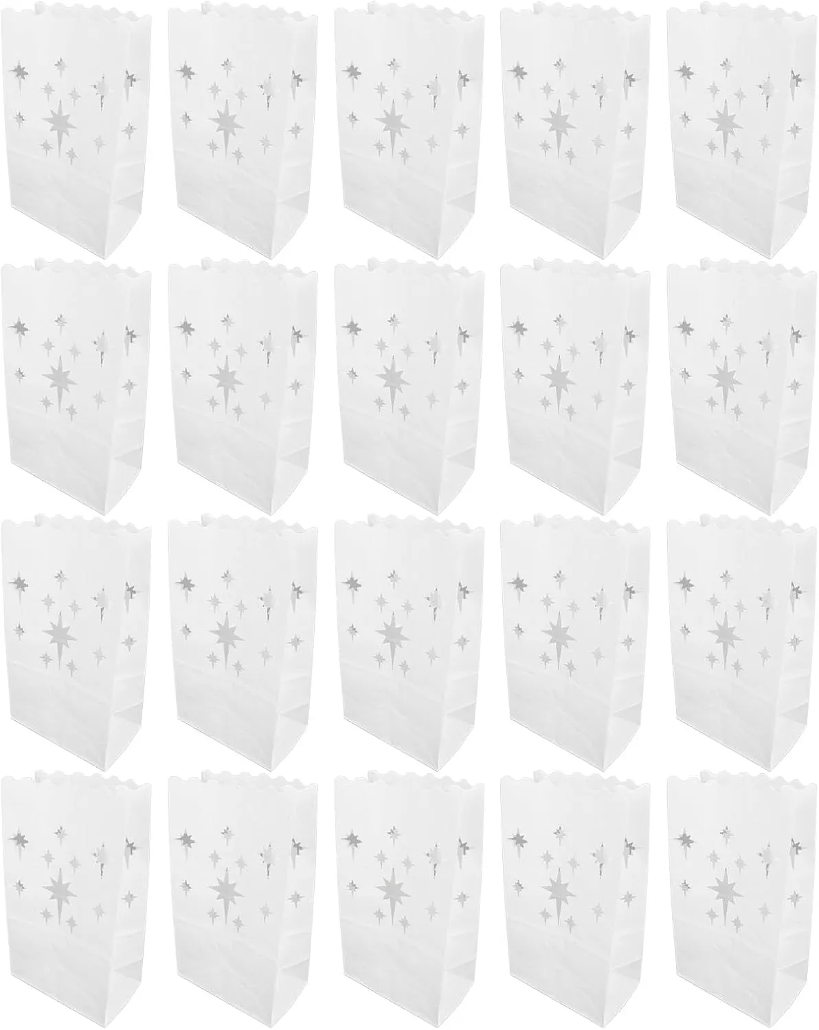20 Pcs White Luminary Bags, Flame Resistant Candle Bags Stars Design Luminaries for Wedding, Party, Halloween, Thanksgiving, Christmas