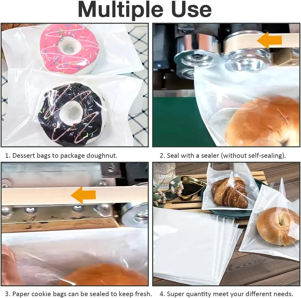 200 Pcs Bakery Bags with Window, 7.1 x 7.5 Inches Paper Donut Bags To Go, Sandwich Paper Bags for Baked Goods, Cookies, Treats, Candies, Sandwiches (White)