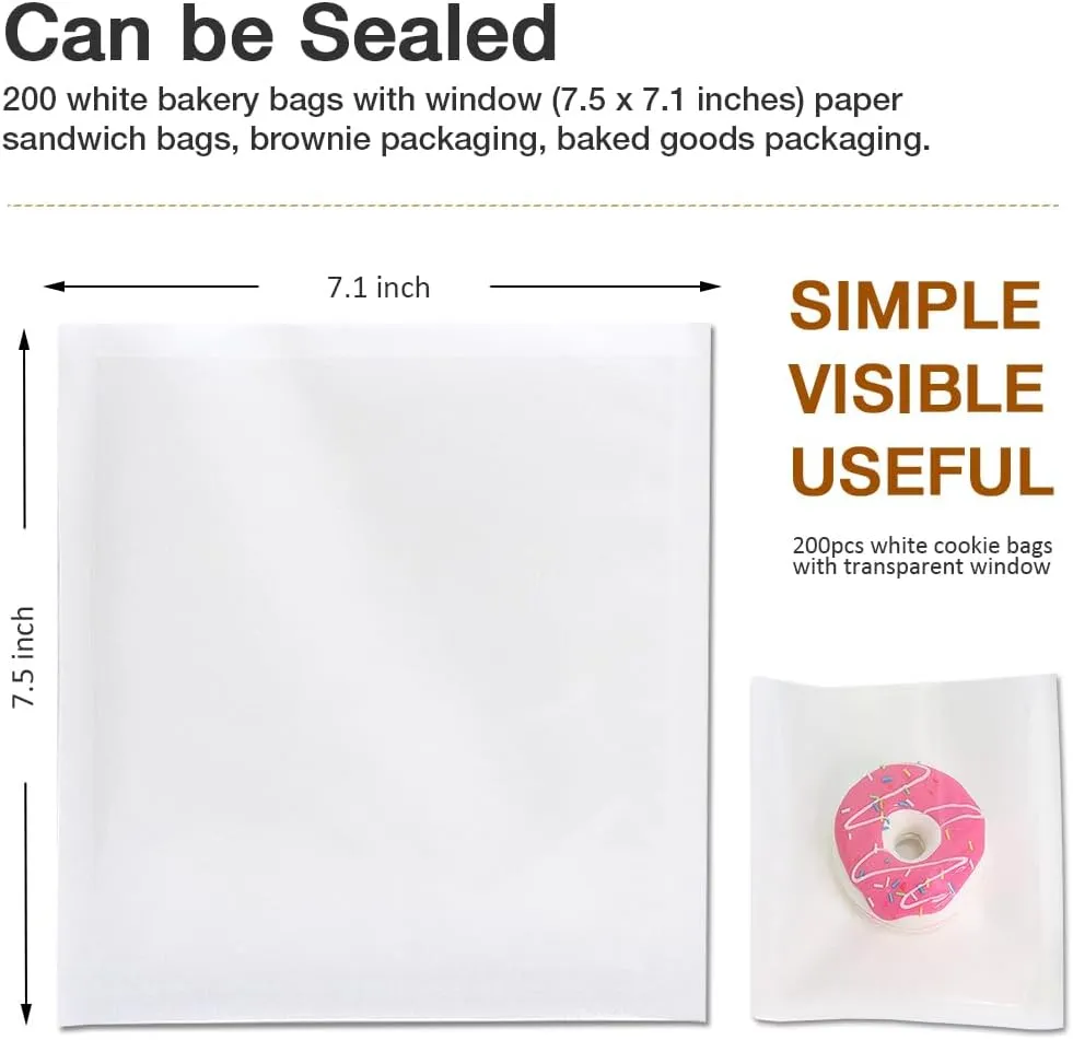 200 Pcs Bakery Bags with Window, 7.1 x 7.5 Inches Paper Donut Bags To Go, Sandwich Paper Bags for Baked Goods, Cookies, Treats, Candies, Sandwiches (White)