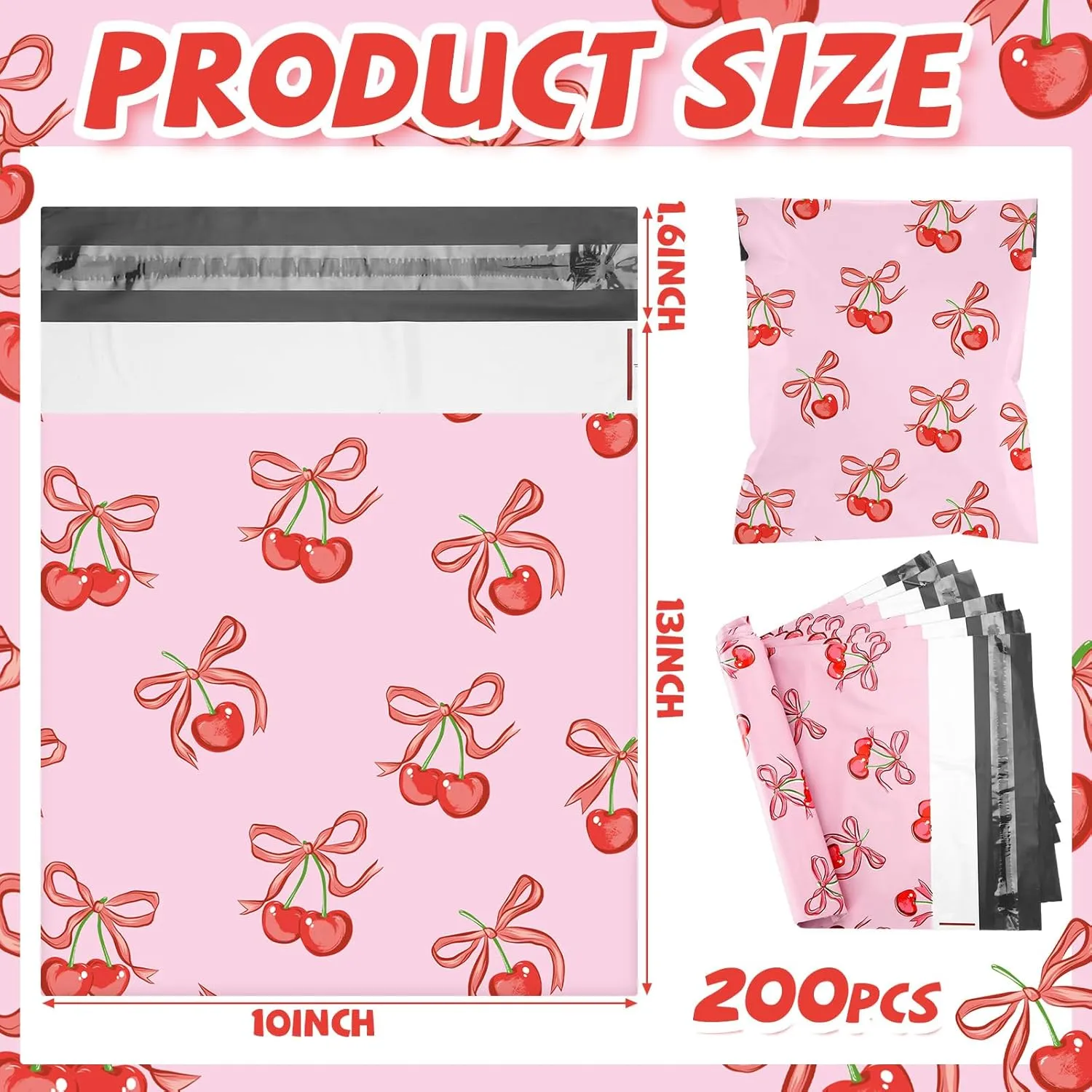 200 Pcs Pink Bow Poly Mailer 10x13 in Designer Shipping Mailers Heavy Duty Waterproof Self Adhesive Shipping Bags for Large Mailing Envelopes Bulk Tear Resistant Packaging(Cherry)