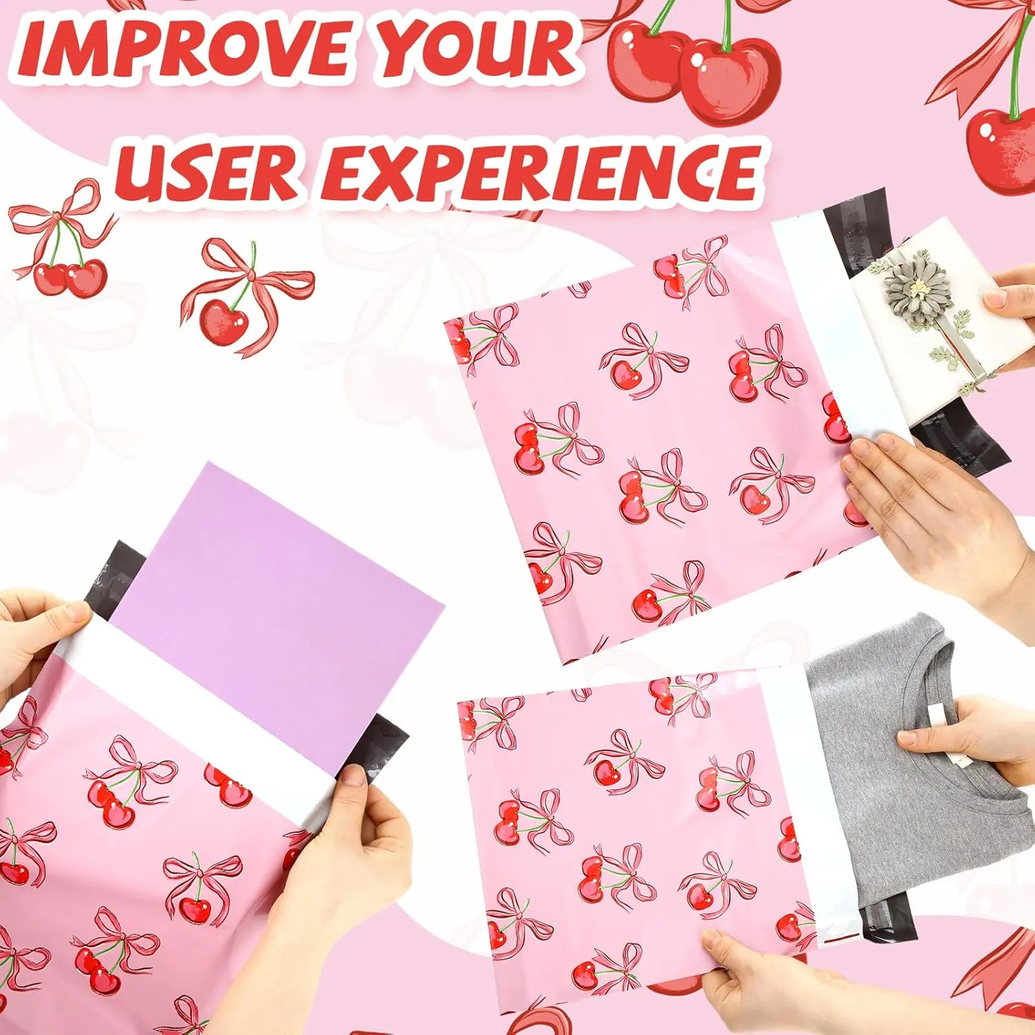 200 Pcs Pink Bow Poly Mailer 10x13 in Designer Shipping Mailers Heavy Duty Waterproof Self Adhesive Shipping Bags for Large Mailing Envelopes Bulk Tear Resistant Packaging(Cherry)
