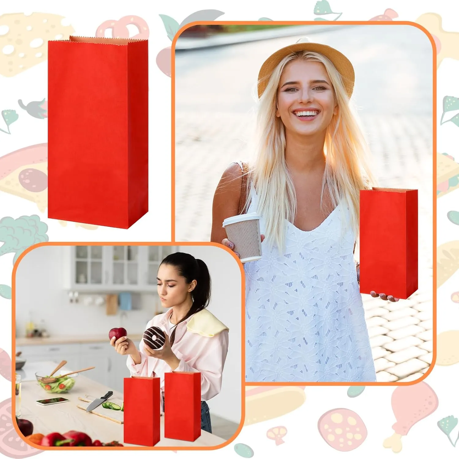 200 Pcs Small Paper Bags, 1 lb Mini Paper Treat, Kraft Lunch Bags 6.7 x 3.54 x 2.36 for Christmas Wedding Favor Grocery Candy Cookie Sandwich Popcorn Bread Snack(Red)