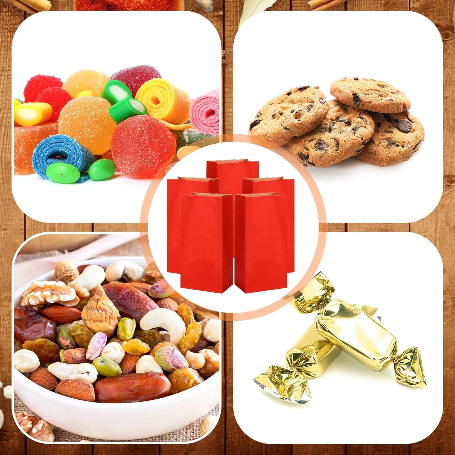 200 Pcs Small Paper Bags, 1 lb Mini Paper Treat, Kraft Lunch Bags 6.7 x 3.54 x 2.36 for Christmas Wedding Favor Grocery Candy Cookie Sandwich Popcorn Bread Snack(Red)