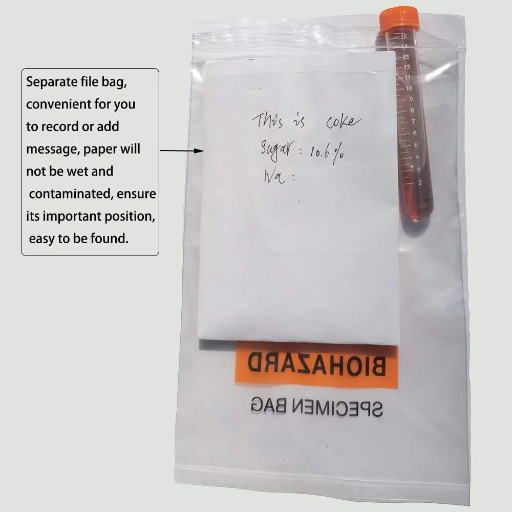 200pcs Biohazard Specimen Bags, 6x9.8in/15x25cm Laboratory Sample Bag with Biohazard Logo Printing, Ziplock Top with Outside Pocket Paperwork Pouch