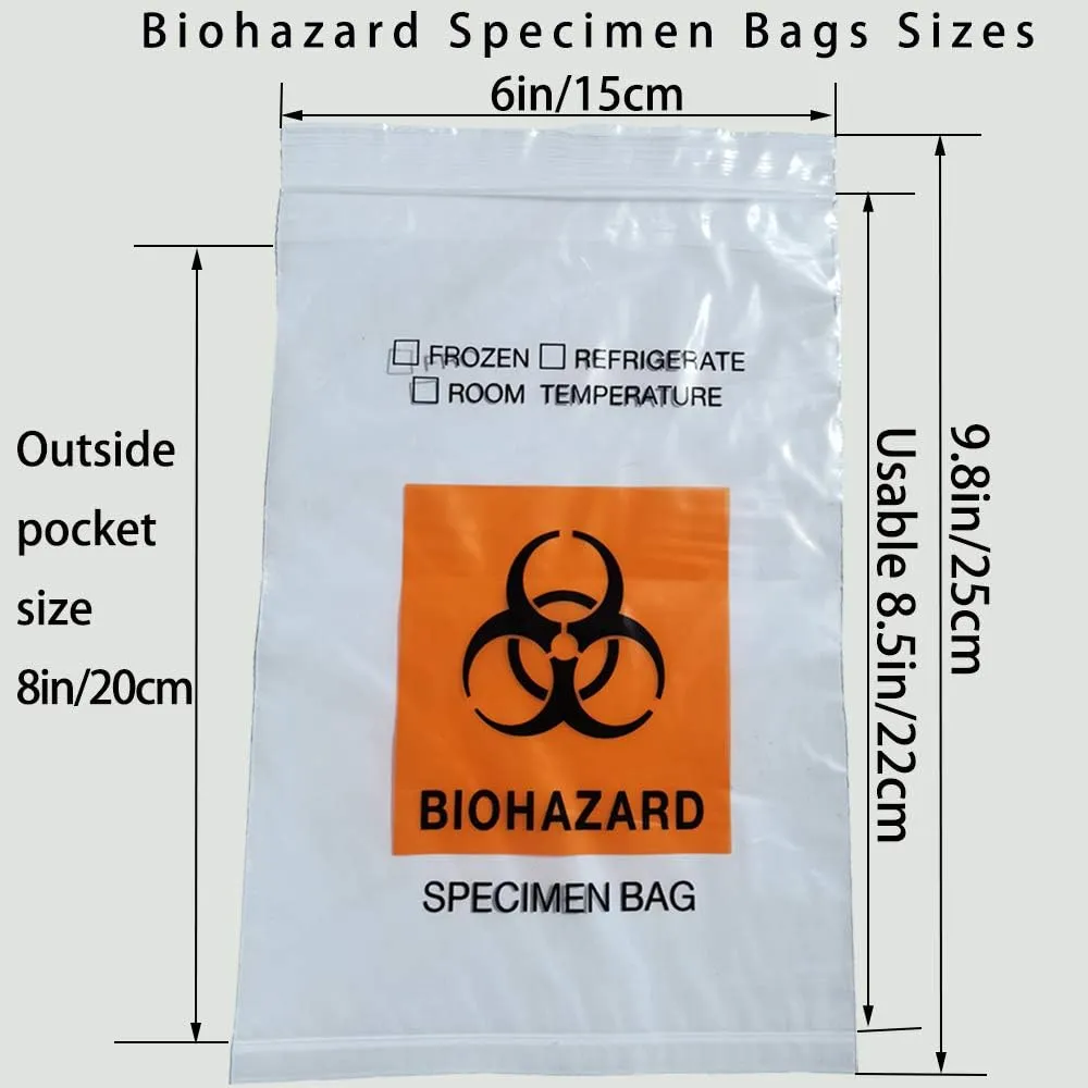 200pcs Biohazard Specimen Bags, 6x9.8in/15x25cm Laboratory Sample Bag with Biohazard Logo Printing, Ziplock Top with Outside Pocket Paperwork Pouch