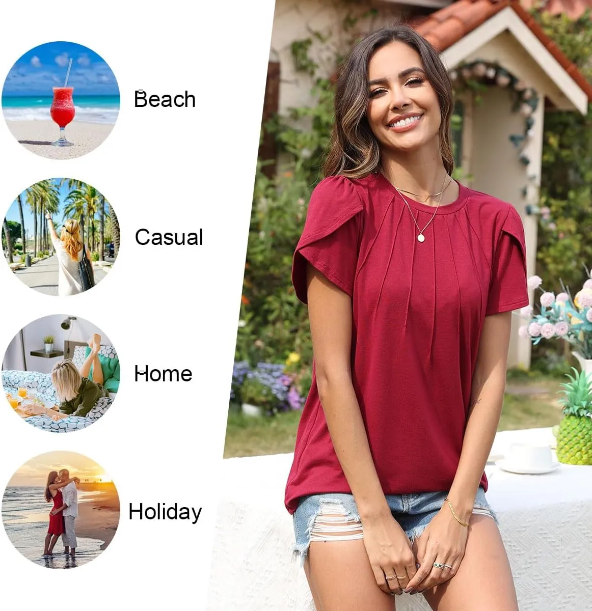 2025 Womens Tops Summer Casual Tunic Short Sleeve Dressy Blouses Trendy Flowy Tshirts M-3XL