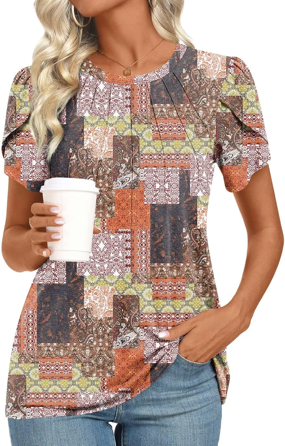 2025 Womens Tops Summer Casual Tunic Short Sleeve Dressy Blouses Trendy Flowy Tshirts M-3XL