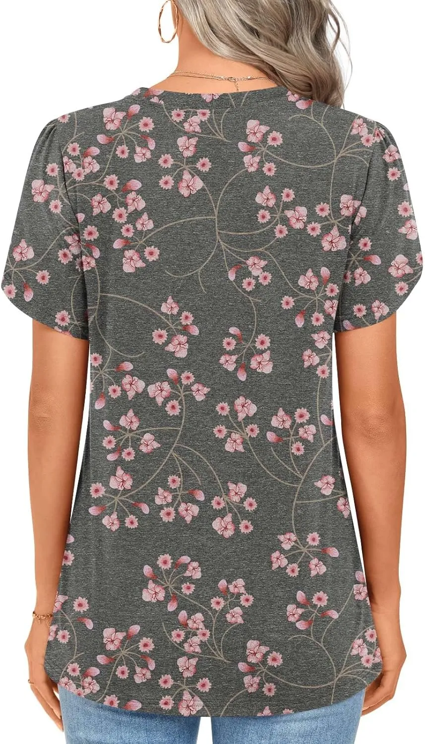 2025 Womens Tops Summer Casual Tunic Short Sleeve Dressy Blouses Trendy Flowy Tshirts M-3XL