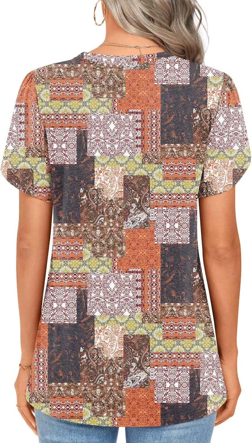 2025 Womens Tops Summer Casual Tunic Short Sleeve Dressy Blouses Trendy Flowy Tshirts M-3XL