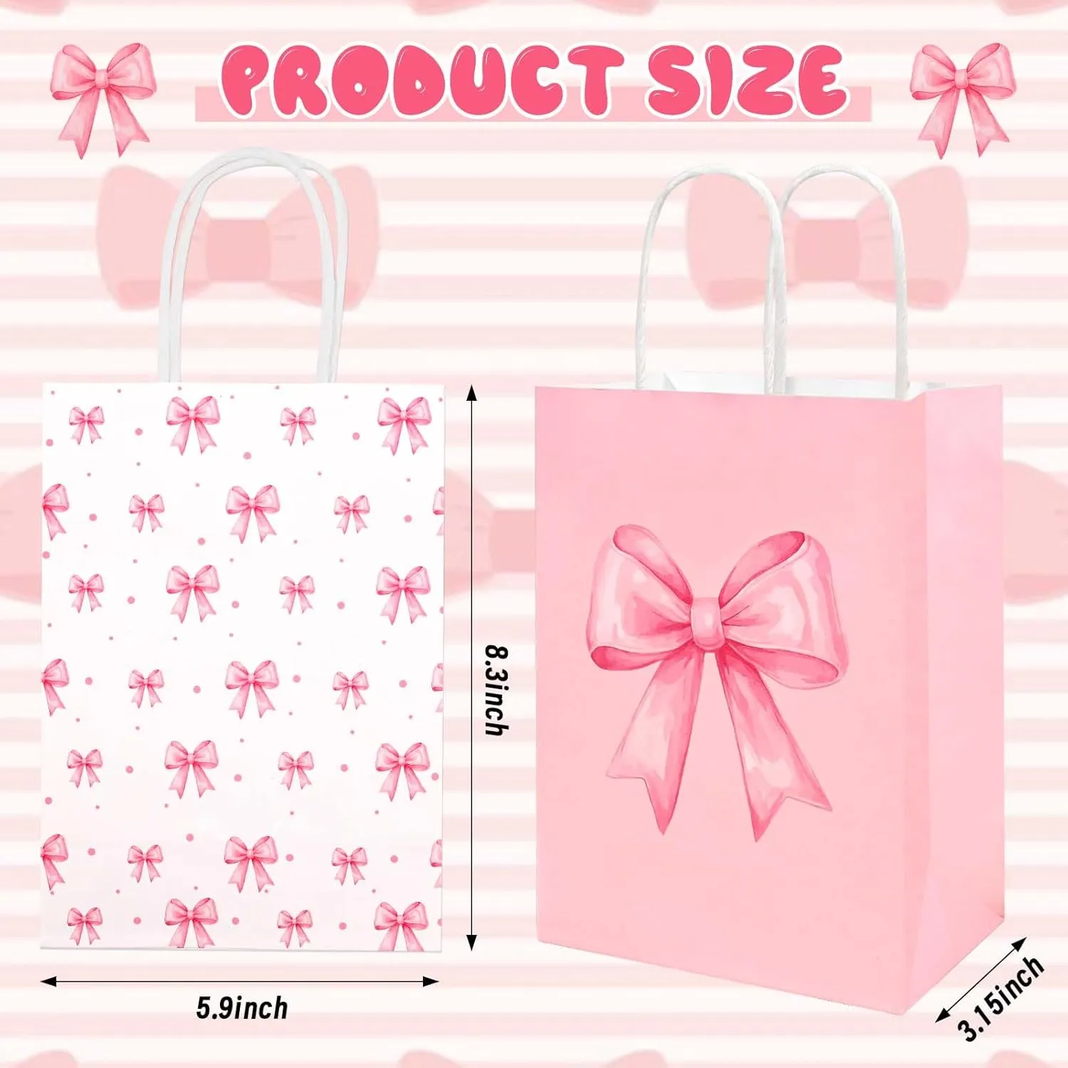 24 Pcs Pink and white Bow Paper Gift Bags Birthday Party Favor Bags with Handles for Woman Girls Pink Party Tea Bridal Engagement Party Supplies (Pink Bow Gift Bags)
