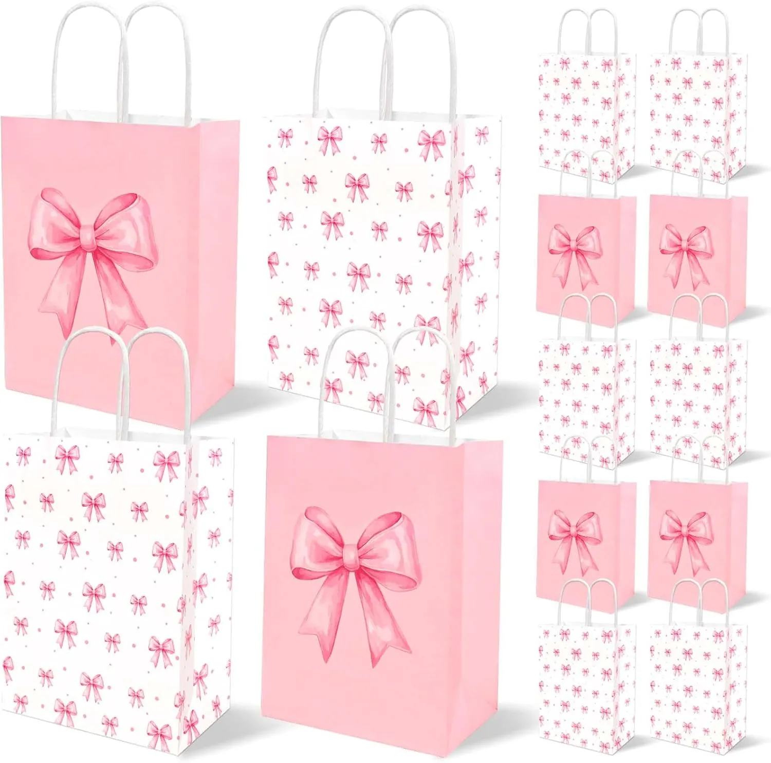 24 Pcs Pink and white Bow Paper Gift Bags Birthday Party Favor Bags with Handles for Woman Girls Pink Party Tea Bridal Engagement Party Supplies (Pink Bow Gift Bags)