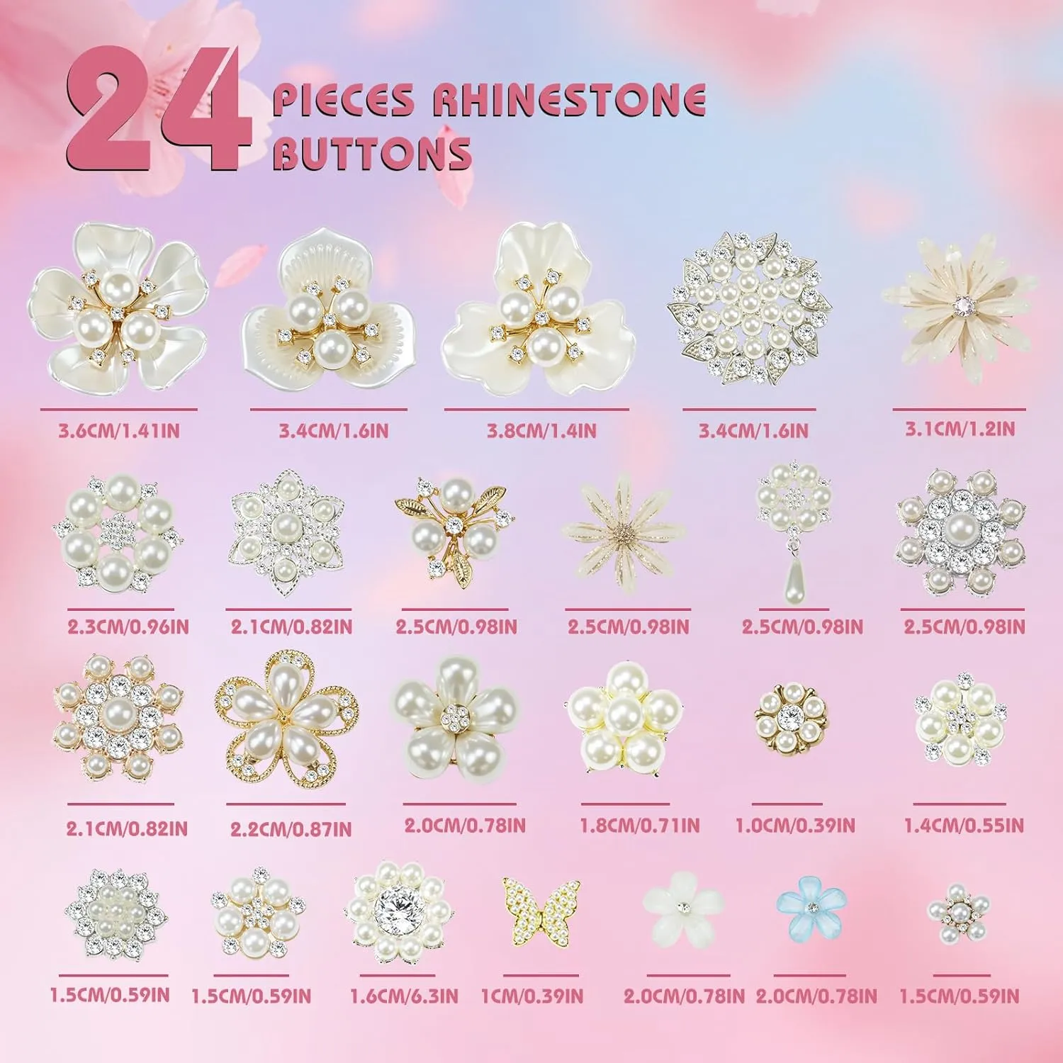 24 Pearl Buttons for Clothes Crafts Clothes,Buttons Pink Butterfly Rhinestone Flower Women Vintage Pearl Brooch for Jewelry Making, DIY, Bags Shoes Supplies